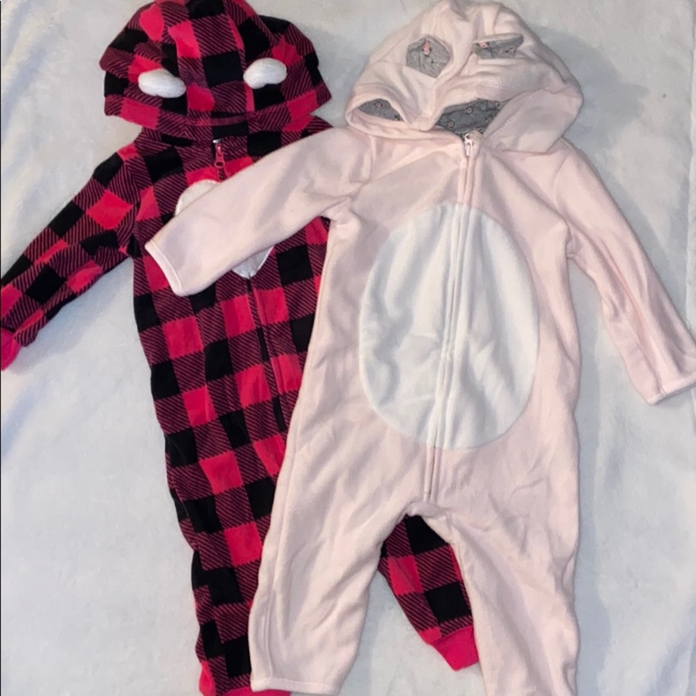 Two Carter’s hooded one pieces, size 9 months.